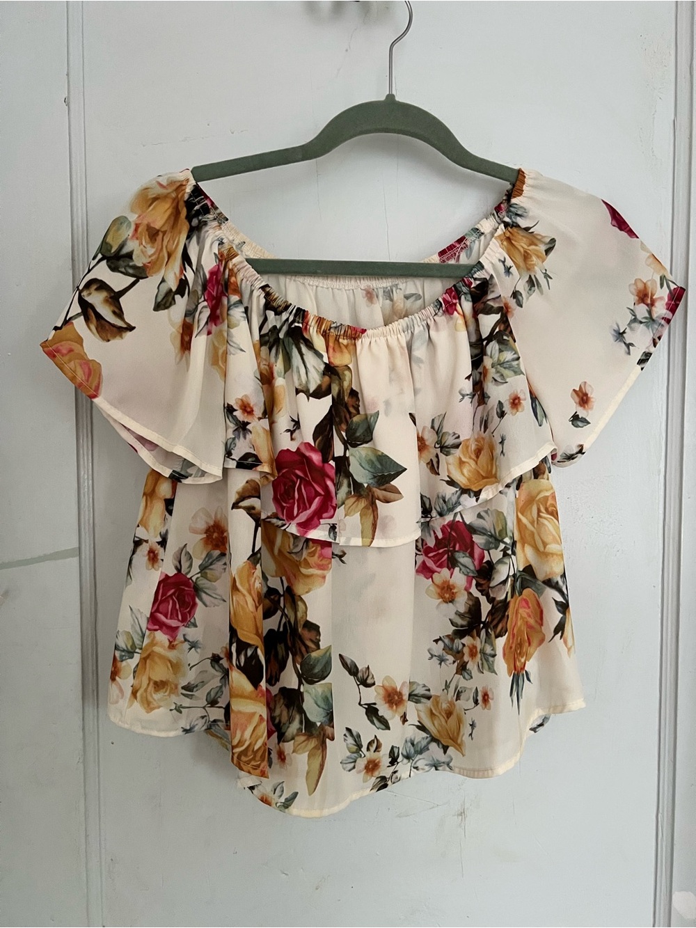 SHEIN Cream Off-Shoulder Floral Blouse with Yellow & Red Roses